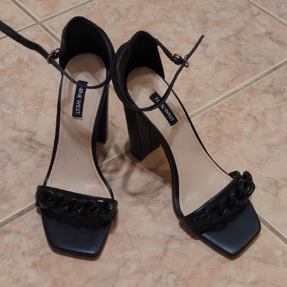 Nine West Black Heels with Ankle Strap and Square Toe